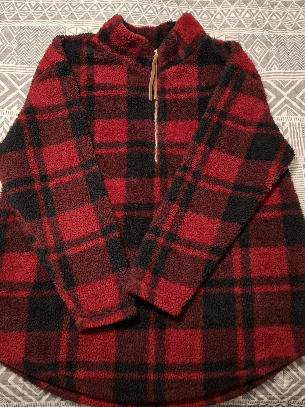 Maurices Red and Black Plaid Sherpa Zip-Up Pullover